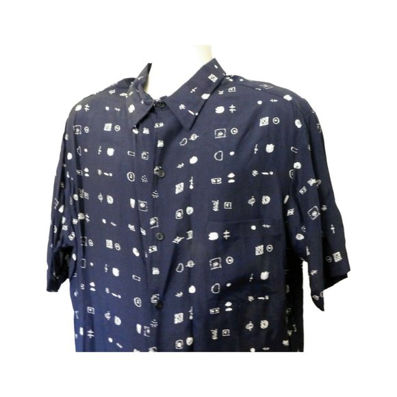 MTO Hawaiian Shirt XL Navy Blue White Print Tropical Short Sleeve - Picture 2 of 6